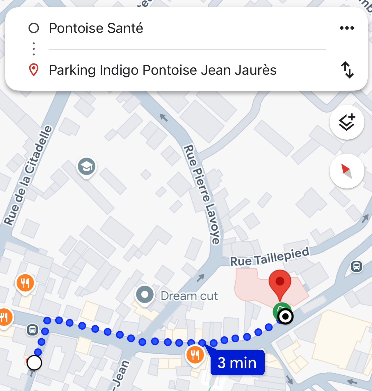Itinéraire à pied depuis le parking Indigo Pontoise Jean Jaurès jusqu'à Pontoise Santé (4 rue Revert), environ 3 minutes.