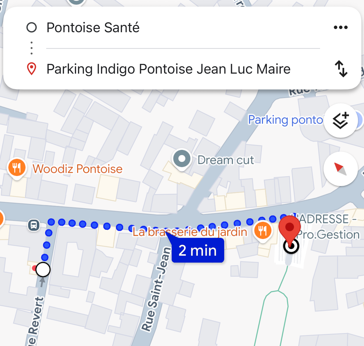 Itinéraire à pied depuis le parking Indigo Pontoise Jean-Luc Maire jusqu'à Pontoise Santé (4 rue Revert), environ 2 minutes.